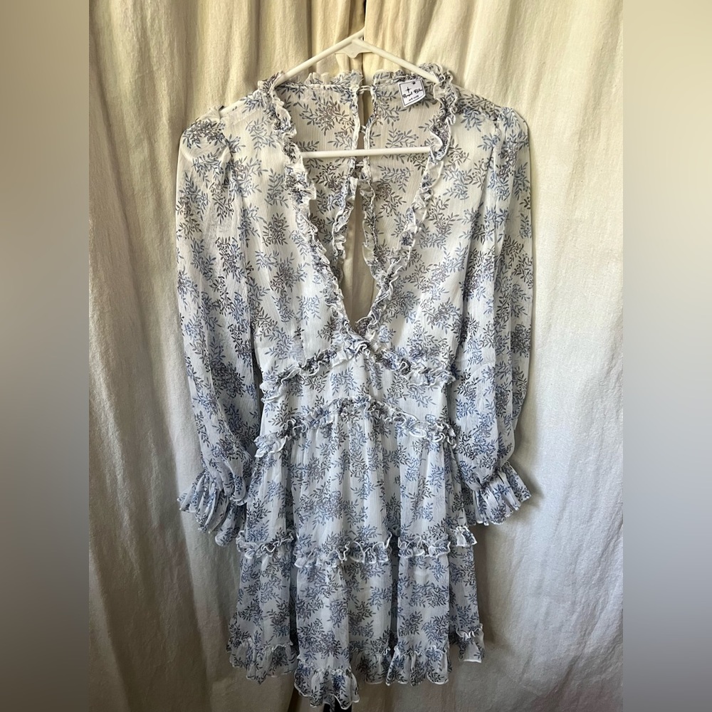 Selfie Leslie Long Sleeve, Deep V Neck, Open Back, Floral Mini Dress
